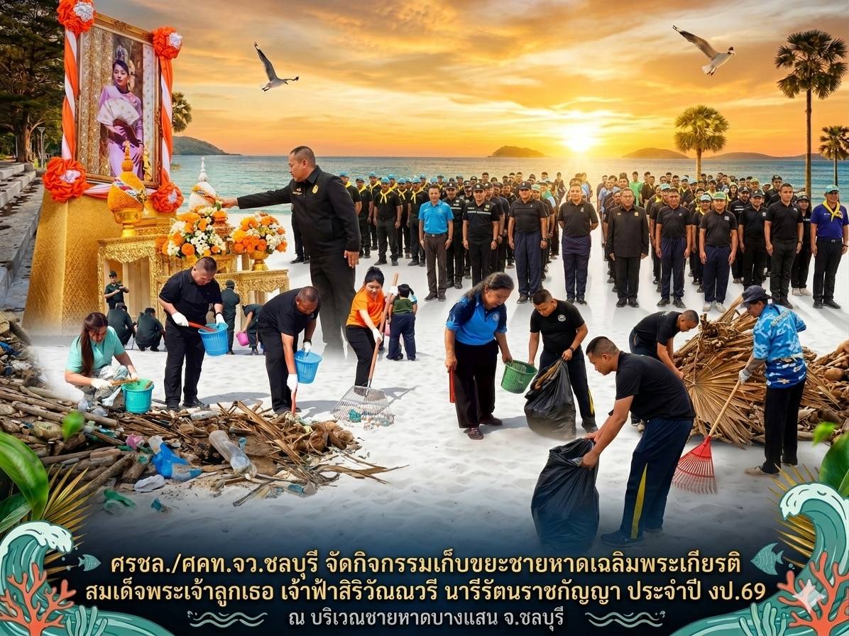ศรชล.จว.ชบ. และ ศคท.จว.ชบ. จัดกิจกรรมเก็บขยะชายหาดเฉลิมพระเกียรติ สมเด็จพระเจ้าลูกเธอ เจ้าฟ้าสิริวัณณวรี นารีรัตนราชกัญญา ประจำปี งป.69 ณ บริเวณชายหาดบางแสน จ.ชลบุรี